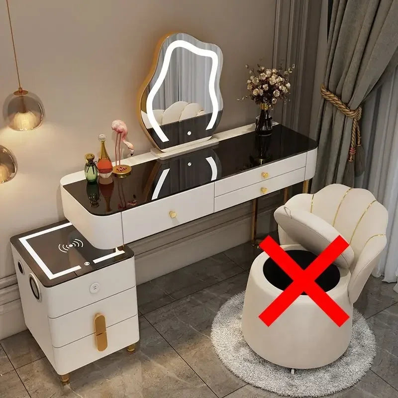 Nordic Glass Luxury Dressing Table with Smart Wireless Charging Bedroom Vanity Nightstand Makeup Table with Cloud Mirror Dresser
