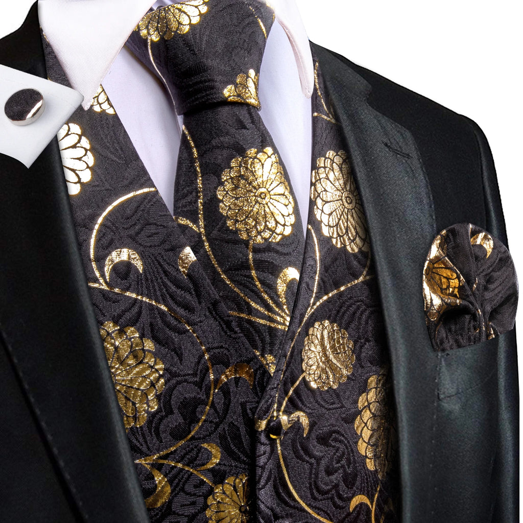 Hi-Tie Men's Silk Vests Fashion Dark Green Floral Jacquard Handkerchief Cufflinks Necktie Sleeveless Wistcoat Sets Wedding Party
