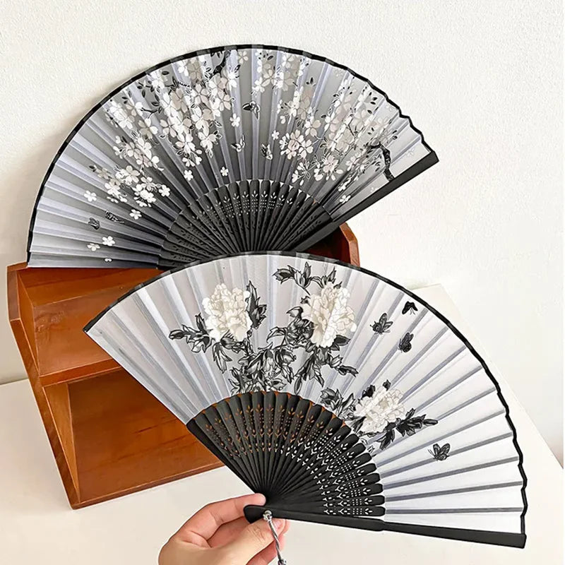 Chinese Bamboo Silk Hand Folding Fan Black