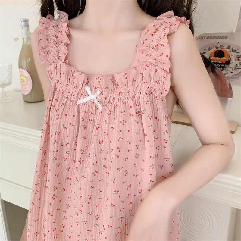 Cherry Nightgown Sleepwear Women Korean Ruffles Summer One Piece Pajamas Dress Sleeveless Night Sleeping Slash Neck Home Wear