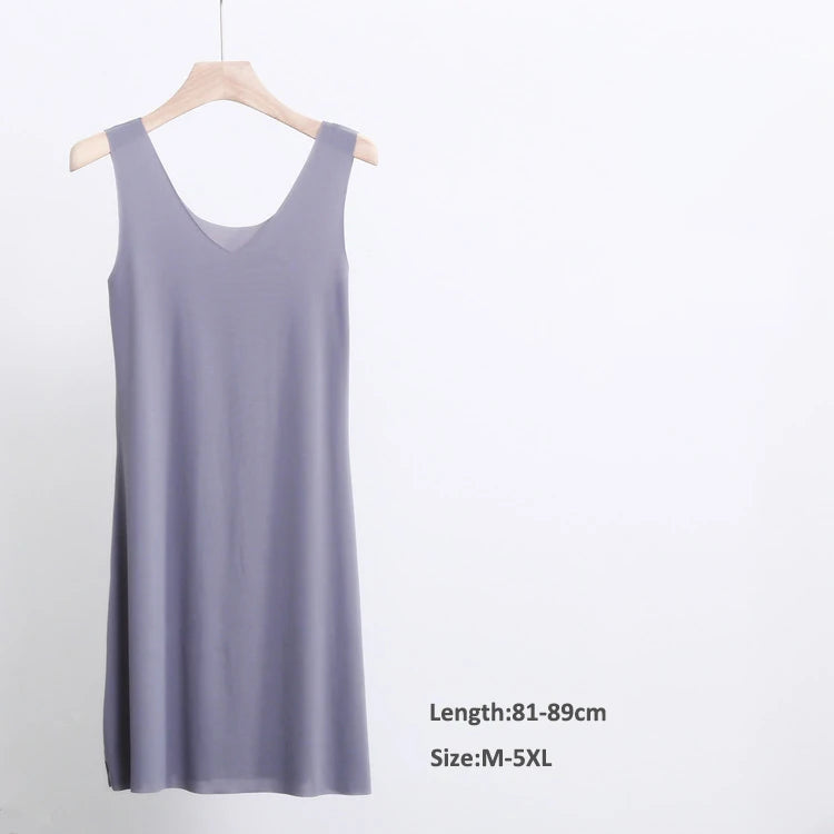 Plus Size Full Slips Dresses For Women Thin Seamless Ice Silk Summer Petticoat Underskirt Dress Sleeveless Inner Vest Dress 5XL