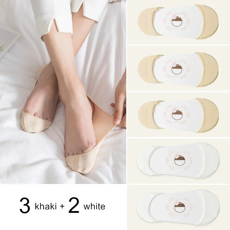 5 Pairs Thin Cotton Boat Socks for Women Shallow Mouth Summer Silicone Anti Slip Women's Ankel Socks for High Heels Shoes