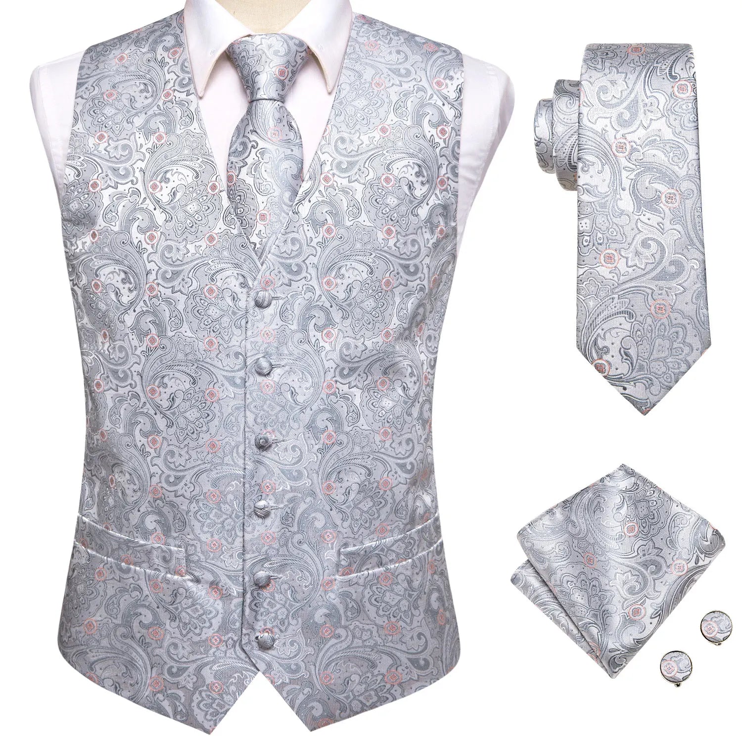 Hi-Tie Brand Silk Mens Vests Grey Black Gold Navy Blue Red Burgundy Jacquard Waistcoat Jacket NeckTie Hanky Cufflinks for Men