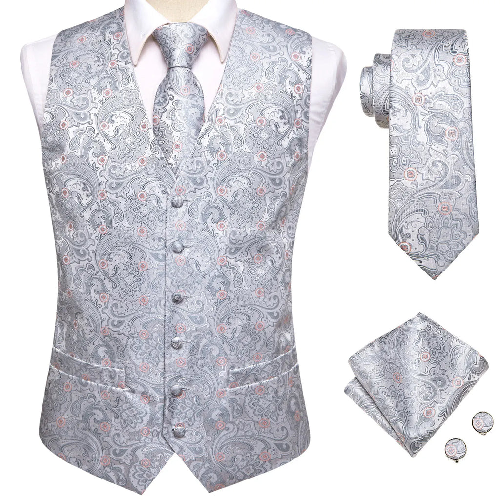 Hi-Tie Brand Silk Mens Vests Grey Black Gold Navy Blue Red Burgundy Jacquard Waistcoat Jacket NeckTie Hanky Cufflinks for Men