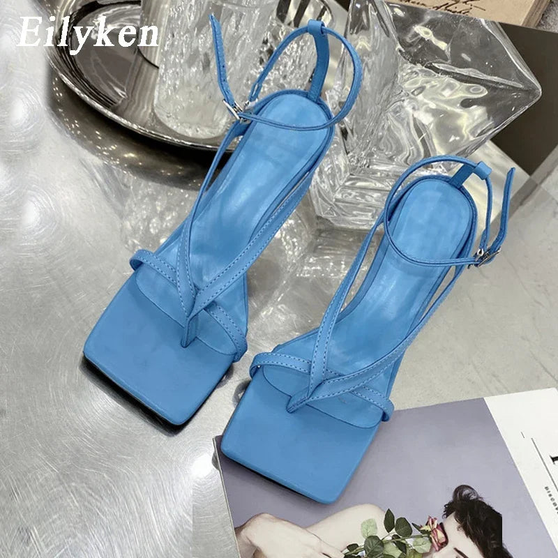Square Toe Thin Heels Sandals Ankle Buckle