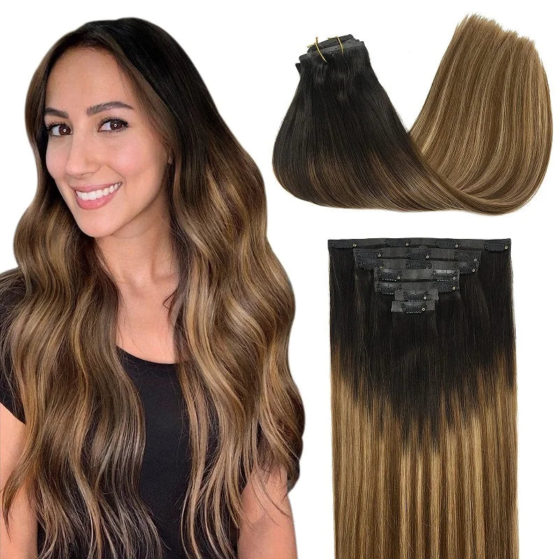 PU Clip in Extensions Human Hair Clip in Natural Thick Straight Hair Extensions Seamless Skin Weft Clip-on Hair Pieces 150G