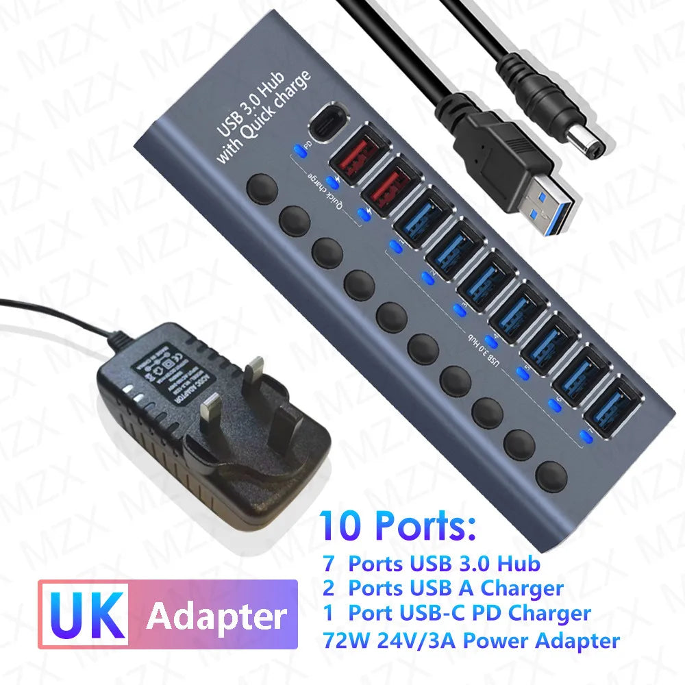 MZX USB 3.0 Hub Aluminum Multi Port Splitter with Power Adapter and Switch
