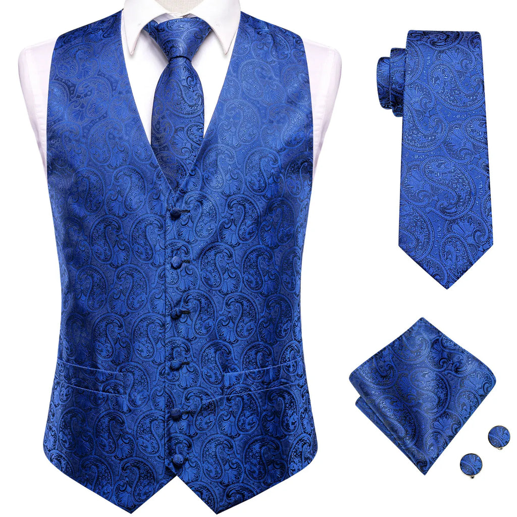 Hi-Tie Brand Silk Mens Vests Grey Black Gold Navy Blue Red Burgundy Jacquard Waistcoat Jacket NeckTie Hanky Cufflinks for Men