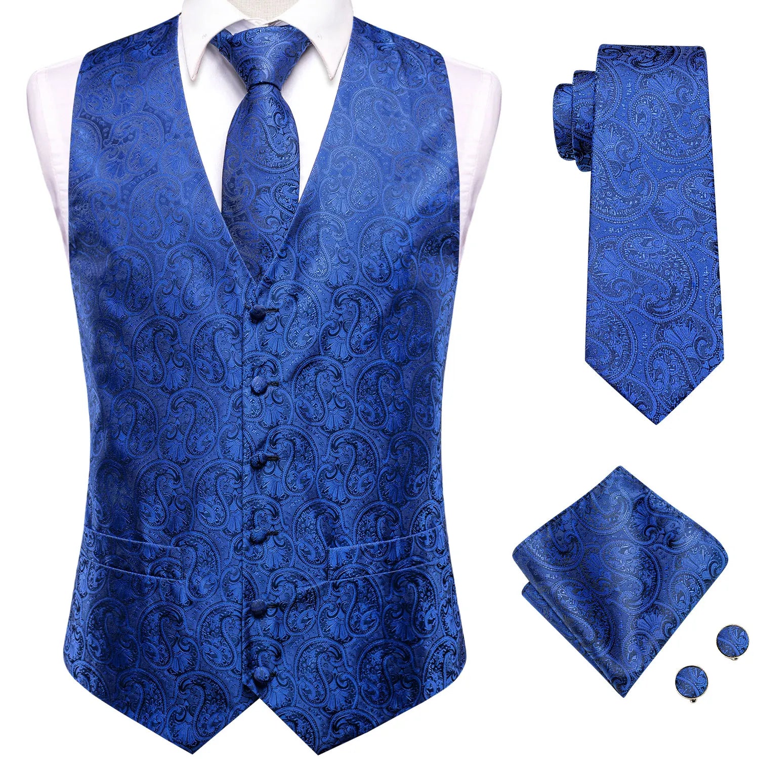 Hi-Tie Brand Silk Mens Vests Grey Black Gold Navy Blue Red Burgundy Jacquard Waistcoat Jacket NeckTie Hanky Cufflinks for Men