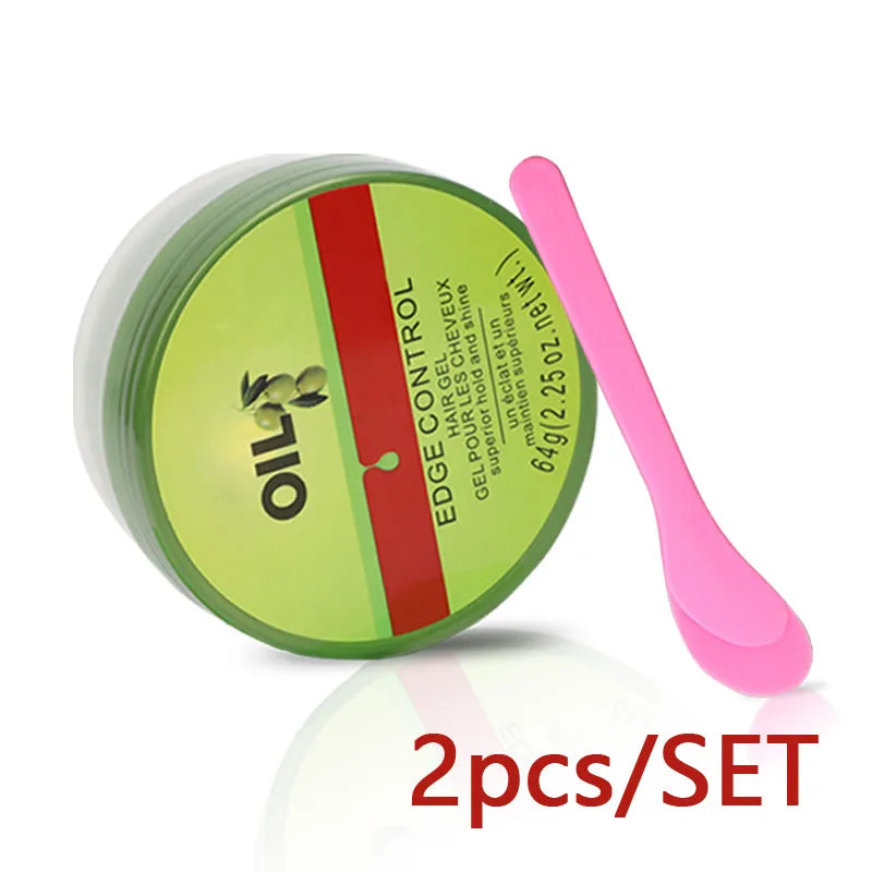 New Edge Control Wax For Women Strong Hold Olive Oil Edges Control Gel With Brush Spoon Babys Hair Edge Smoother Creme 2.25Oz