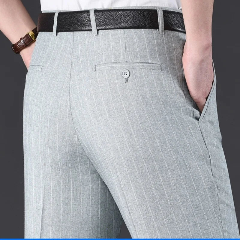 Flat Stretch Suit Pants For Men Striped Thin Summer Straight High Waist Black White Blue Formal Fashion Korea Dress Trousers Men