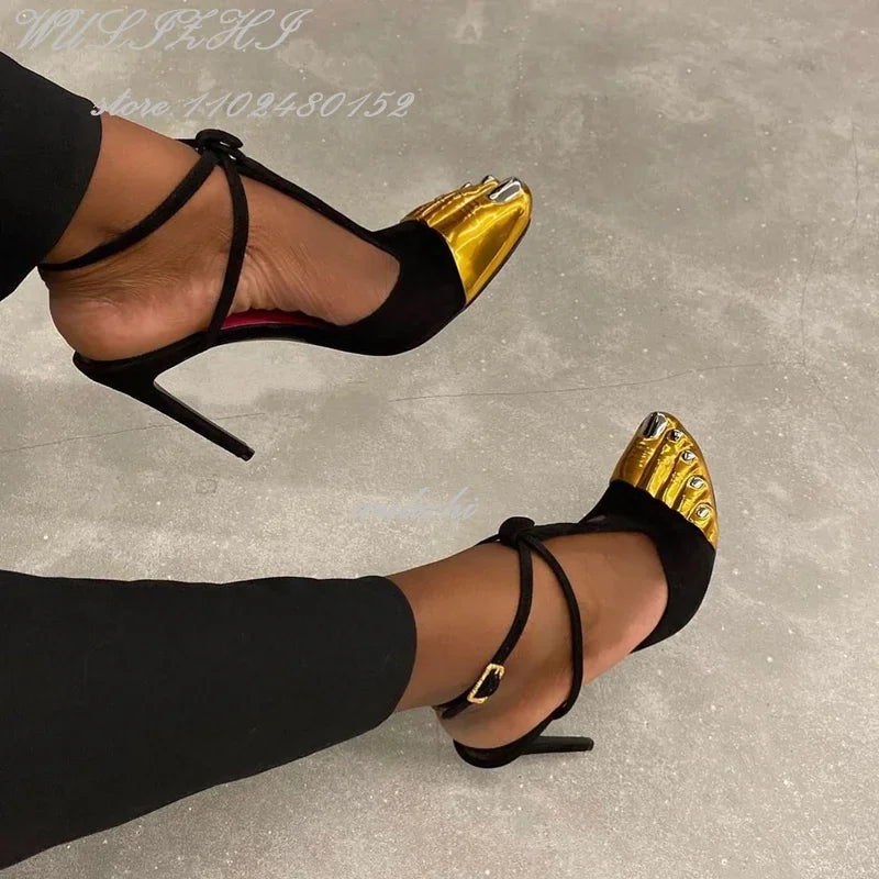 Big Bow Golden Toes Five Split Toes Sexy Sandals Stiletto Heels Women Hollow Metallic Luster Shiny Dress Heels Ankle Straps Shoe