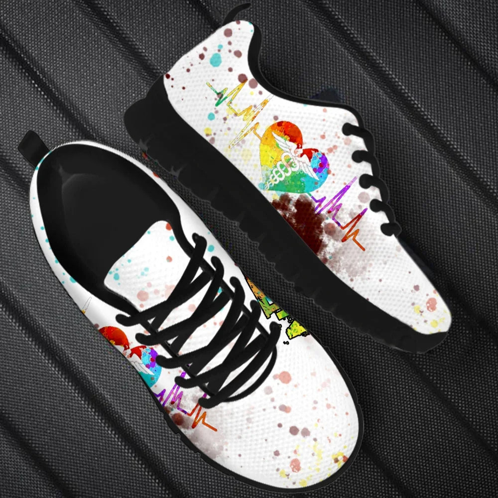 New Cartoon Nurse Shoes for Women Medical Heart Beat Brand Design Breathable Sneakers Flats Shoes Zapatos Mujer