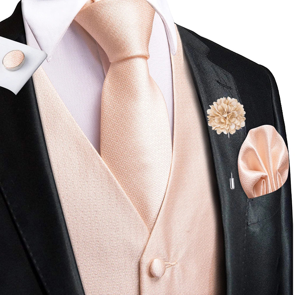 Luxury Gold Black Silk Mens Vests Print Jacquard Waistcoat Tie Hanky Cufflinks Brooch Set for Men Wedding Formal Business Hi-Tie