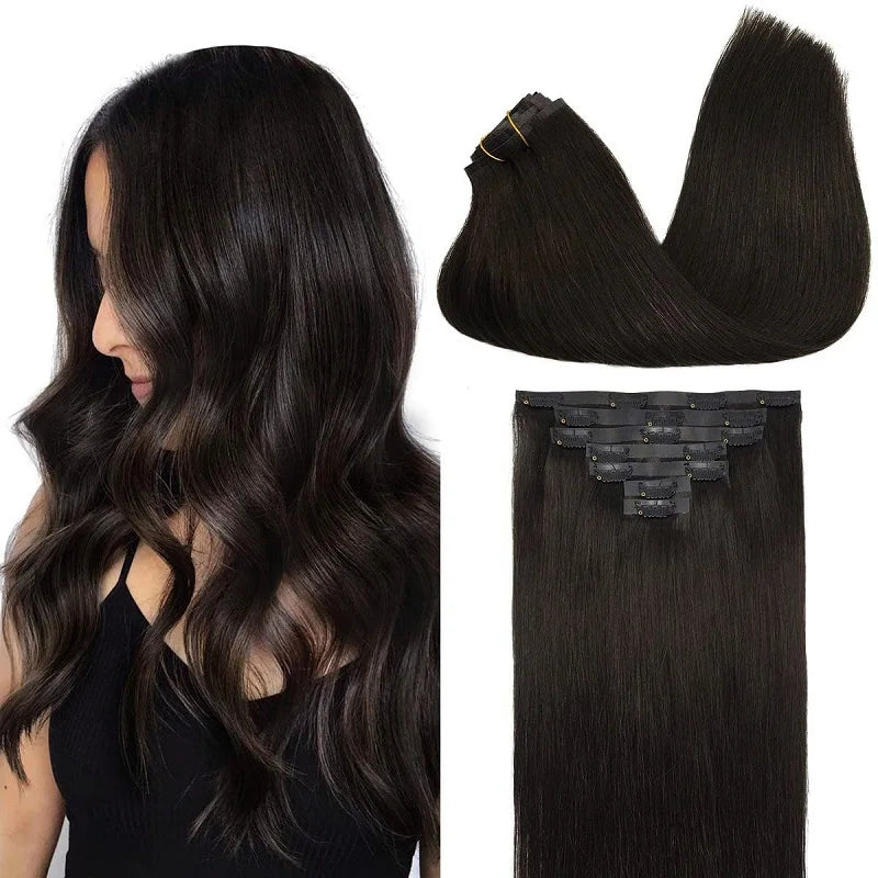 PU Clip in Extensions Human Hair Clip in Natural Thick Straight Hair Extensions Seamless Skin Weft Clip-on Hair Pieces 150G
