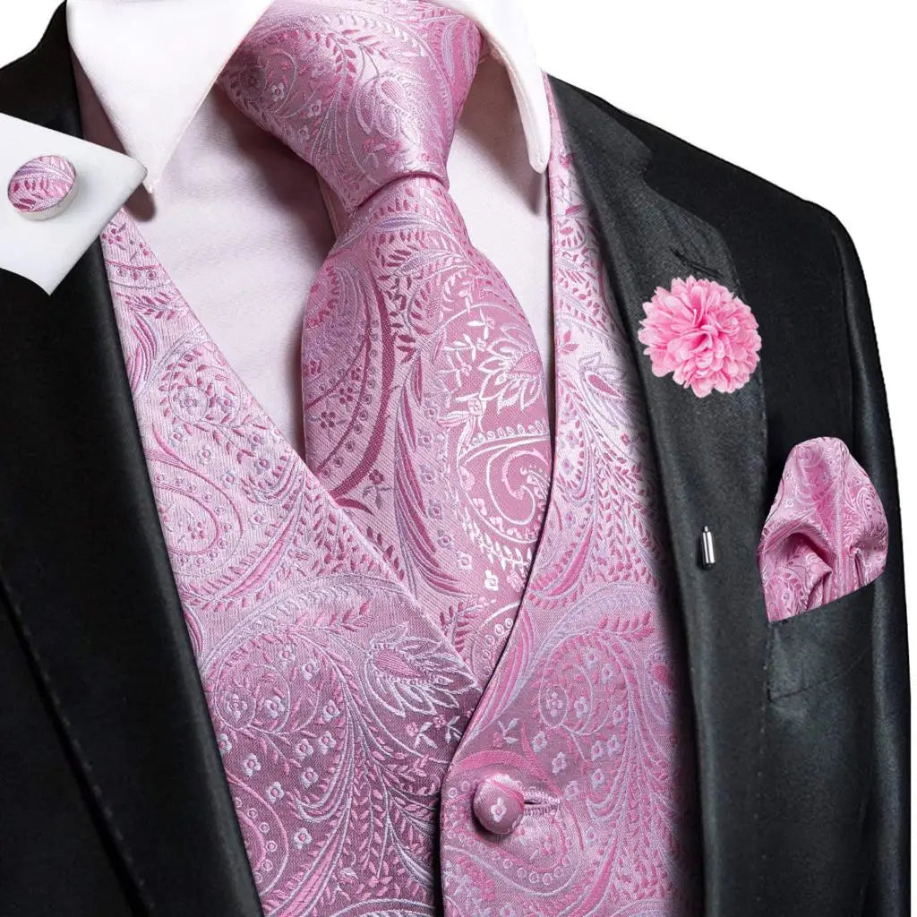Hi-Tie High Quality Silk Mens Vests Champagne Paisley Waistcoat Neck Tie Hanky Cufflinks Brooch Set for Men Suit Wedding Office
