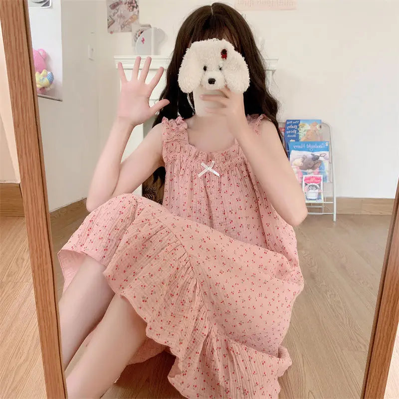 Cherry Nightgown Sleepwear Women Korean Ruffles Summer One Piece Pajamas Dress Sleeveless Night Sleeping Slash Neck Home Wear
