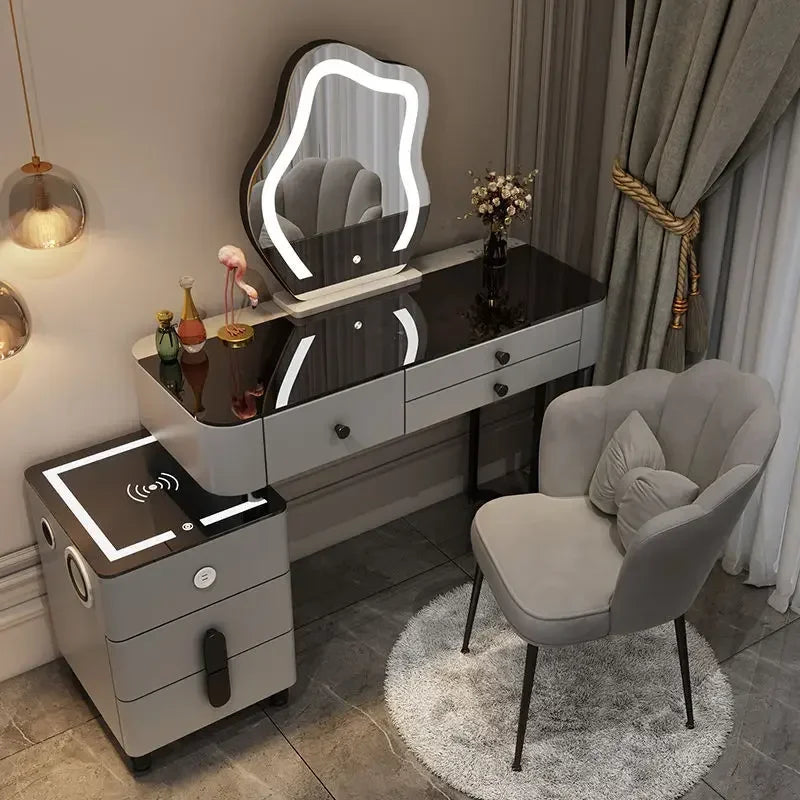 Nordic Glass Luxury Dressing Table with Smart Wireless Charging Bedroom Vanity Nightstand Makeup Table with Cloud Mirror Dresser