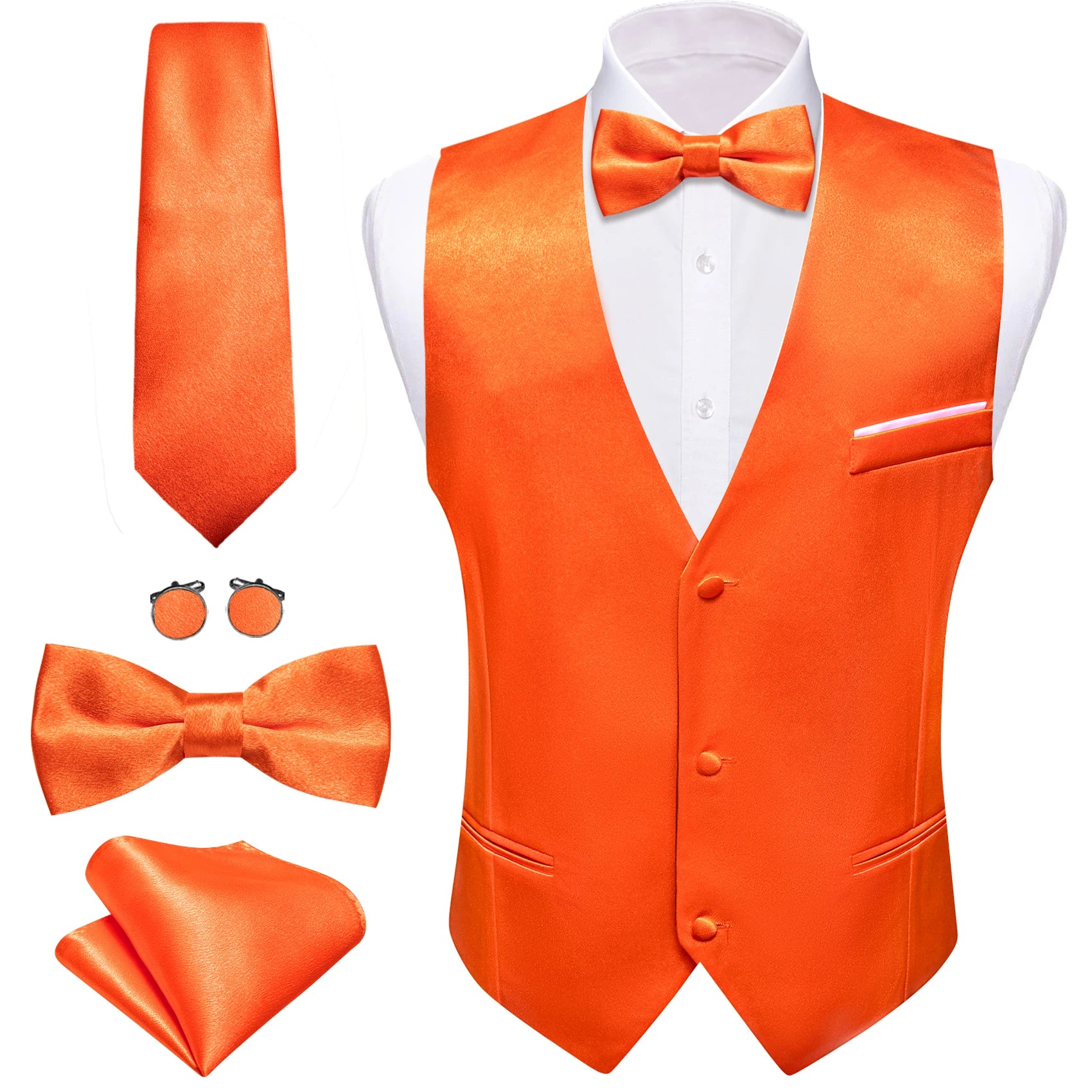 Elegant Vest for Men Pink Solid Satin Waistcoat Tie Bowtie Hanky Set Sleeveless Jacket Wedding Formal Male Gilet Suit Barry Wang