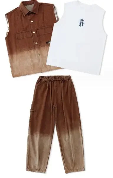 Sets Kids Showing Cool Tee Street Dance Child Jazz Costumes Boys Hip Hop Brown T-shirt Girls Loose Print Cargo Shorts Clothes