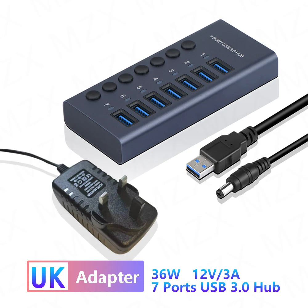 MZX USB 3.0 Hub Aluminum Multi Port Splitter with Power Adapter and Switch