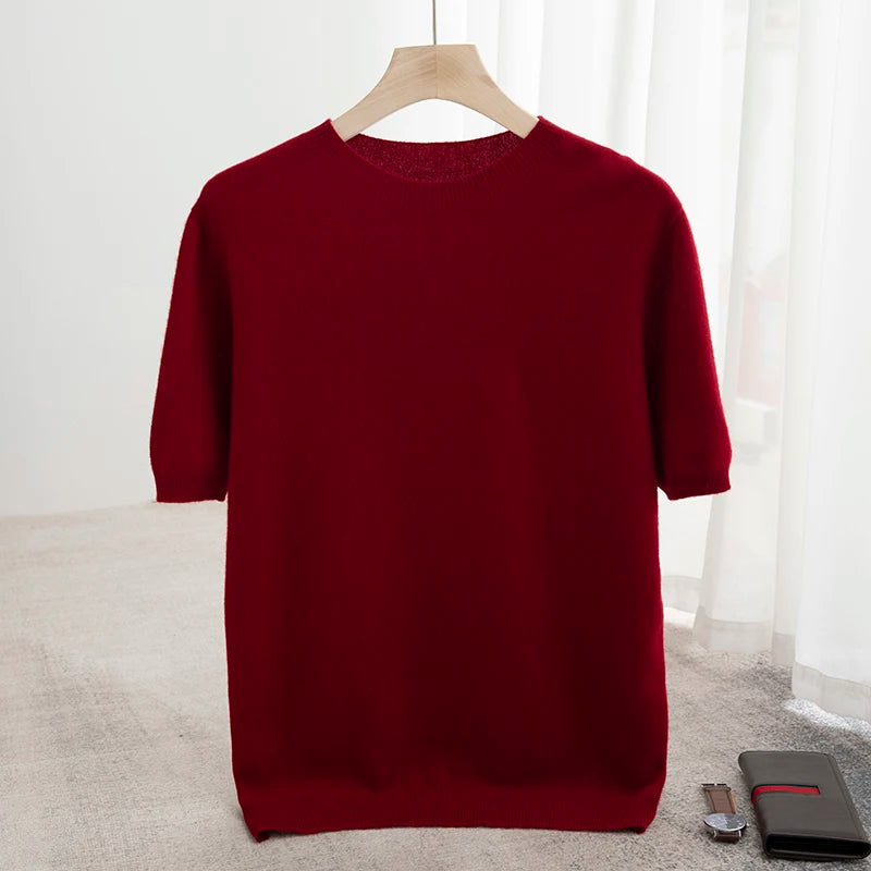 New Summer Autumn Men's 100% Merino Wool Pullover O-Neck Short Sleeve Jumper Cashmere Sweater Soft Casual Tops T Shirt