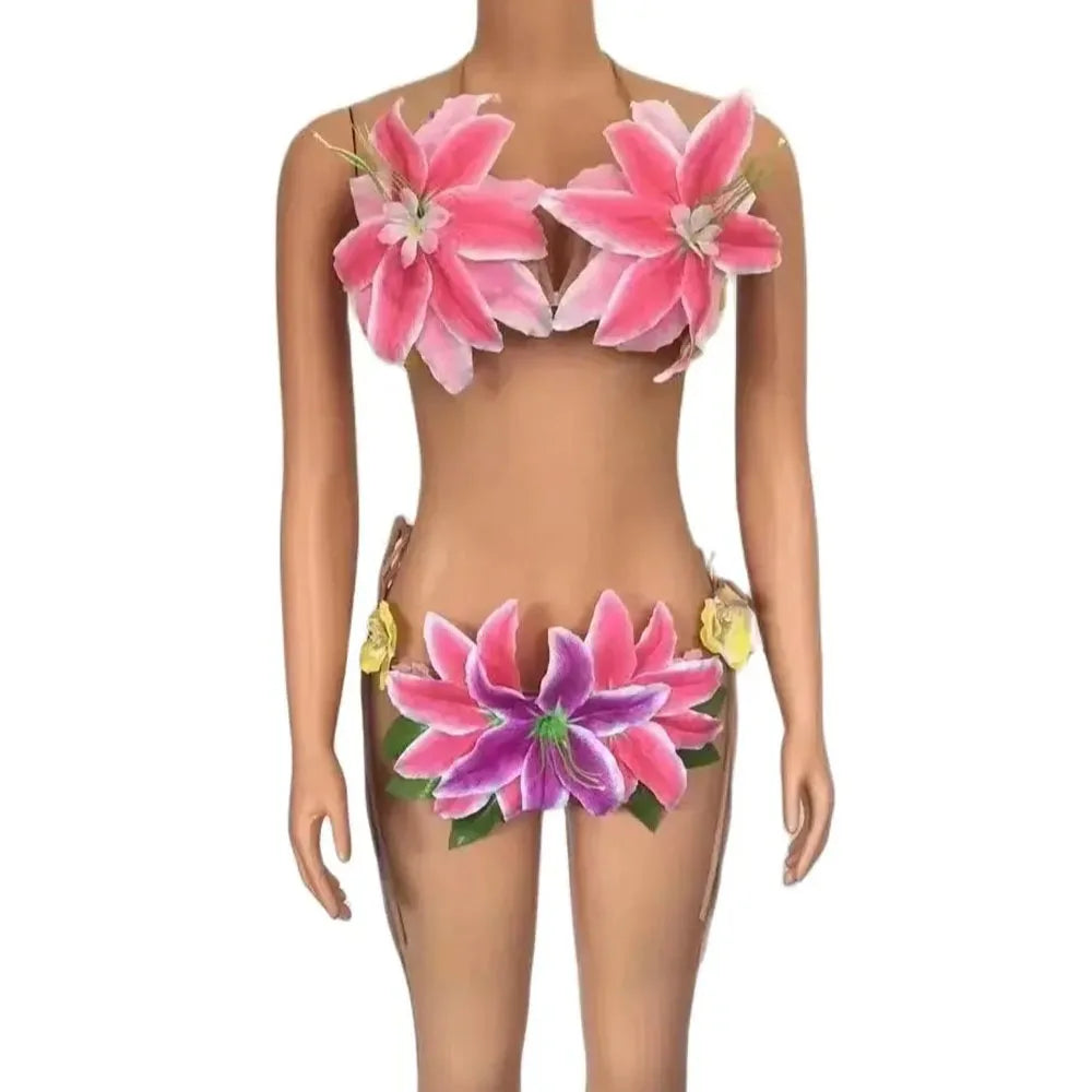Sexy Colorful Big Flowers Transparent Bikini Dress Women Dancer Show Stretch Stage Costume Outfit Evening Prom Party Biniki Set