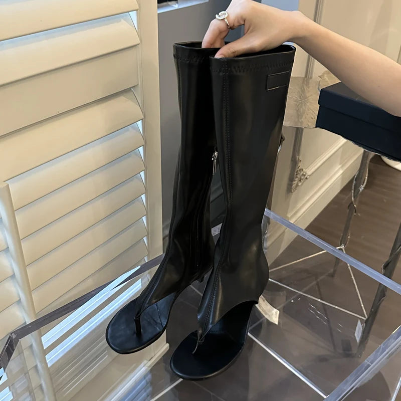 Eilyken Clip Toe Low Heels Knee High Boot Sandals Woman Fashion Zipper Banquet Summer Shoes Designer Flip Flops Botas Mujer