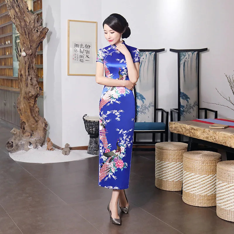 Sexy Purple Women Satin Daily Casual Dress Summer New Long Qipao Print Flower Chinese Cheongsam Size S M L XL XXL 3XL 0162