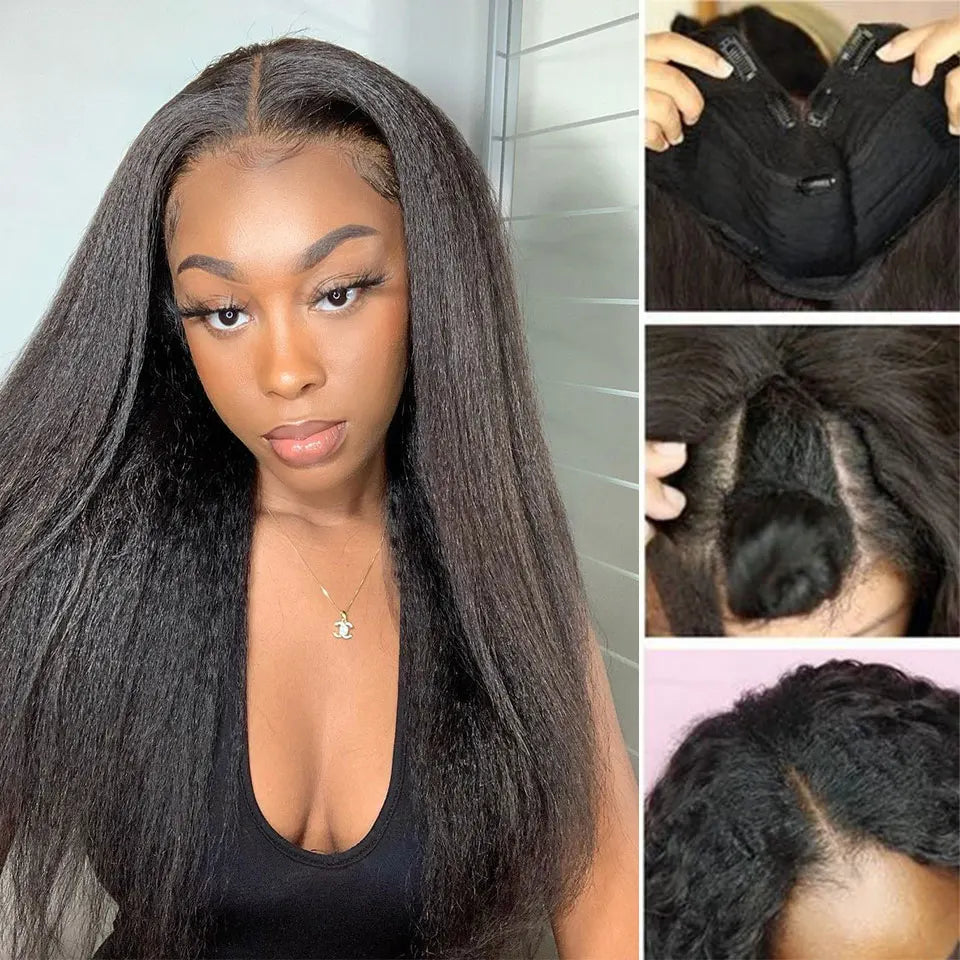U Part Kinky Straight Human Hair Wig