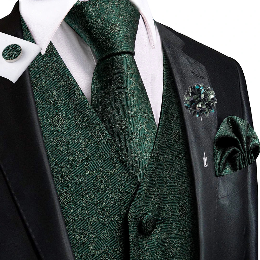 Luxury Gold Black Silk Mens Vests Print Jacquard Waistcoat Tie Hanky Cufflinks Brooch Set for Men Wedding Formal Business Hi-Tie