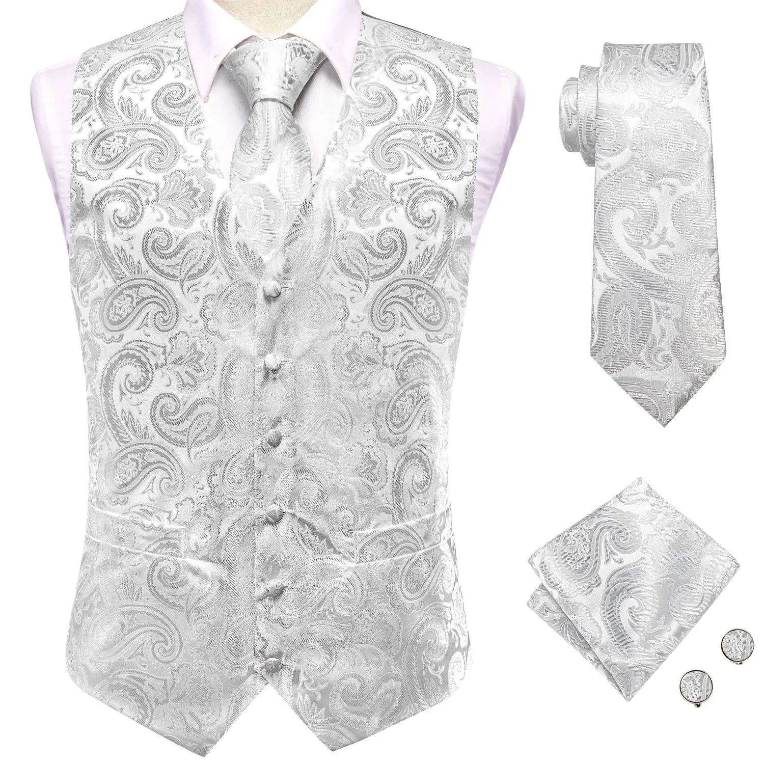 Hi-Tie Brand Silk Mens Vests Grey Black Gold Navy Blue Red Burgundy Jacquard Waistcoat Jacket NeckTie Hanky Cufflinks for Men