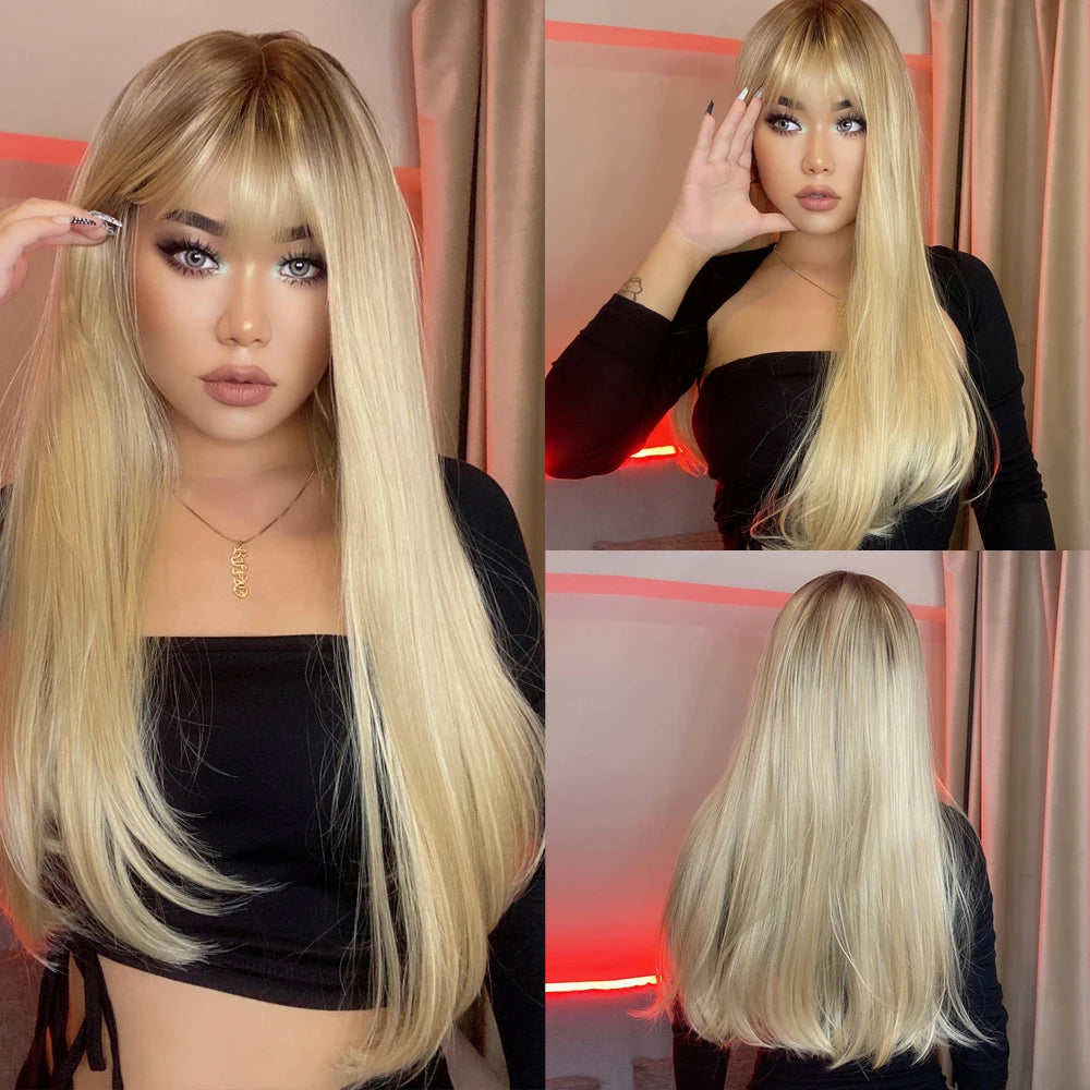 Light Blonde Golden Hair Long Silky Straight Synthetic Wig for Women Blonde Natural Hairs Wig Daily Lolita Heat Resistant Wigs
