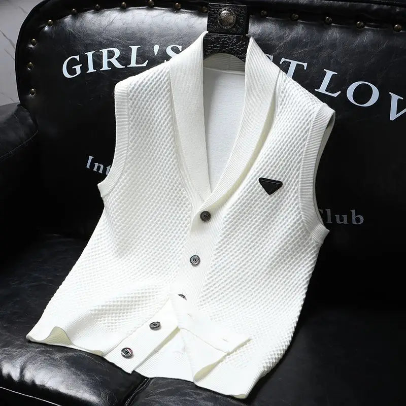 2025 Spring Summer Knitted Cardigan Vest Men's American Trendy Solid Color Slim Business Versatile Fashion Tops Men Aesthetic