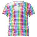 Boys Girls Shiny Plaid Sequins T-shirt Unisex Kids Short Sleeve Shirts Tops Cheerleading Street Dance Choir Stage Performance