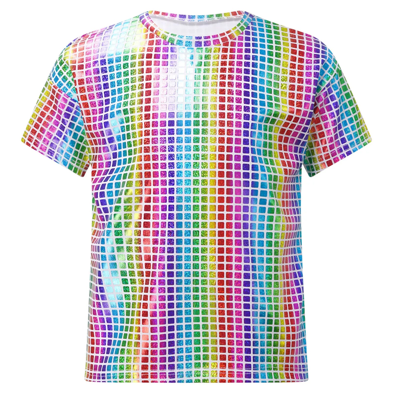 Boys Girls Shiny Plaid Sequins T-shirt Unisex Kids Short Sleeve Shirts Tops Cheerleading Street Dance Choir Stage Performance