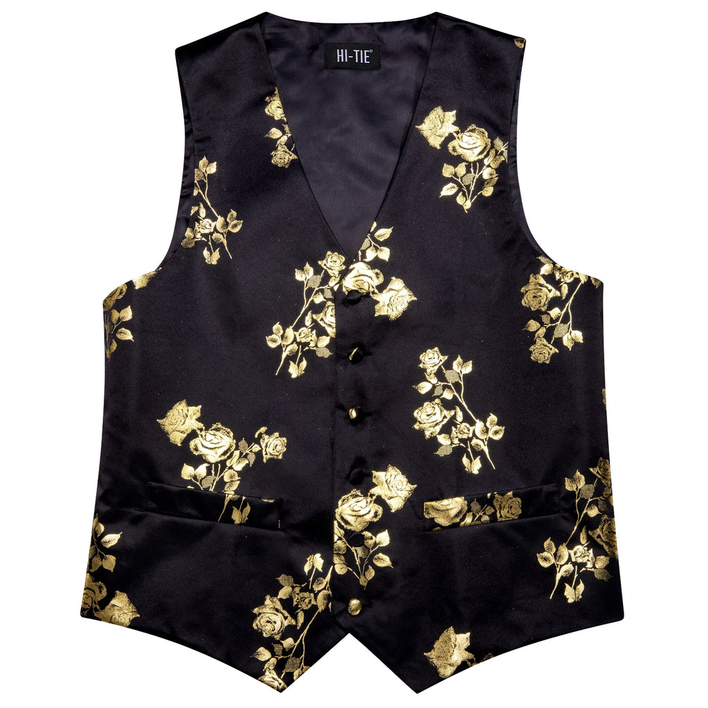 Luxury Gold Black Silk Mens Vests Print Jacquard Waistcoat Tie Hanky Cufflinks Brooch Set for Men Wedding Formal Business Hi-Tie