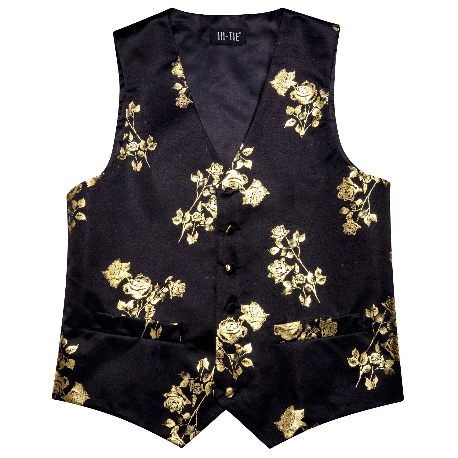 Luxury Gold Black Silk Mens Vests Print Jacquard Waistcoat Tie Hanky Cufflinks Brooch Set for Men Wedding Formal Business Hi-Tie