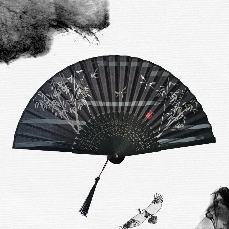 Chinese Bamboo Silk Hand Folding Fan Black