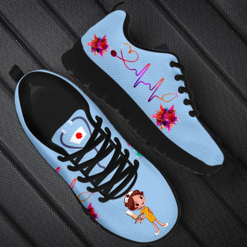 New Cartoon Nurse Shoes for Women Medical Heart Beat Brand Design Breathable Sneakers Flats Shoes Zapatos Mujer