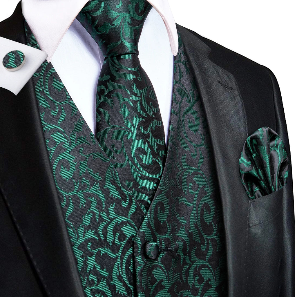 Hi-Tie Men's Silk Vests Fashion Dark Green Floral Jacquard Handkerchief Cufflinks Necktie Sleeveless Wistcoat Sets Wedding Party