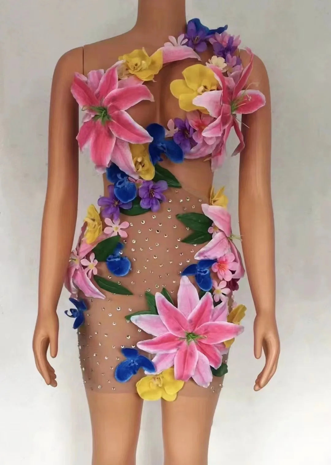 Sexy Colorful Big Flowers Transparent Bikini Dress Women Dancer Show Stretch Stage Costume Outfit Evening Prom Party Biniki Set