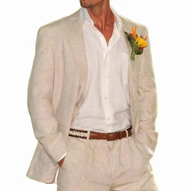Beige Linen Men Suits 2 Pieces Beach Wedding American Style Jacket with Pants Formal Groom Tuxedos Male Suits (Blazer+Pants)