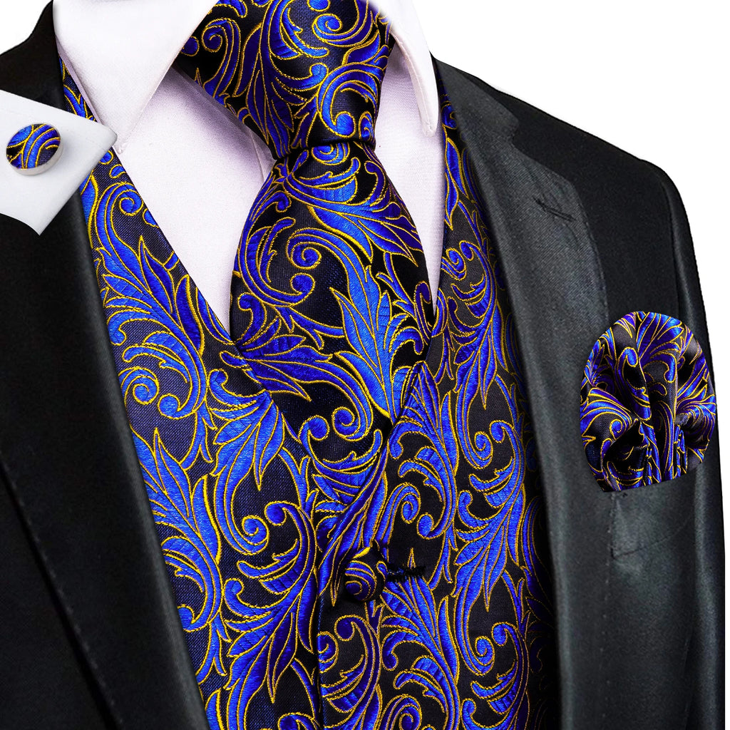 Hi-Tie Silk Ivory Beige Champagne Gold Mens Vests Tie Hankerchief Cufflinks Set Jacquard Vine Waistcoat for Men Suit Dress