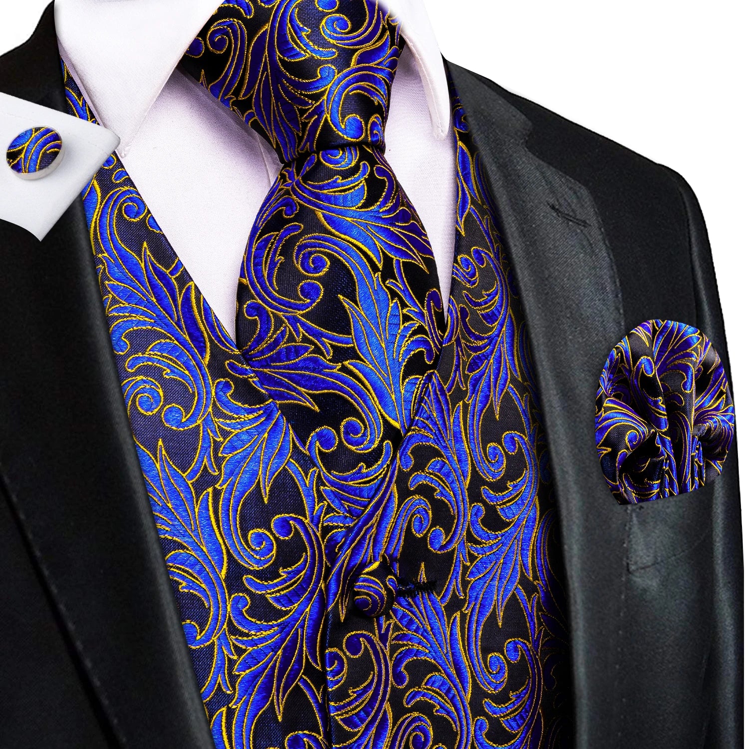 Hi-Tie Silk Ivory Beige Champagne Gold Mens Vests Tie Hankerchief Cufflinks Set Jacquard Vine Waistcoat for Men Suit Dress