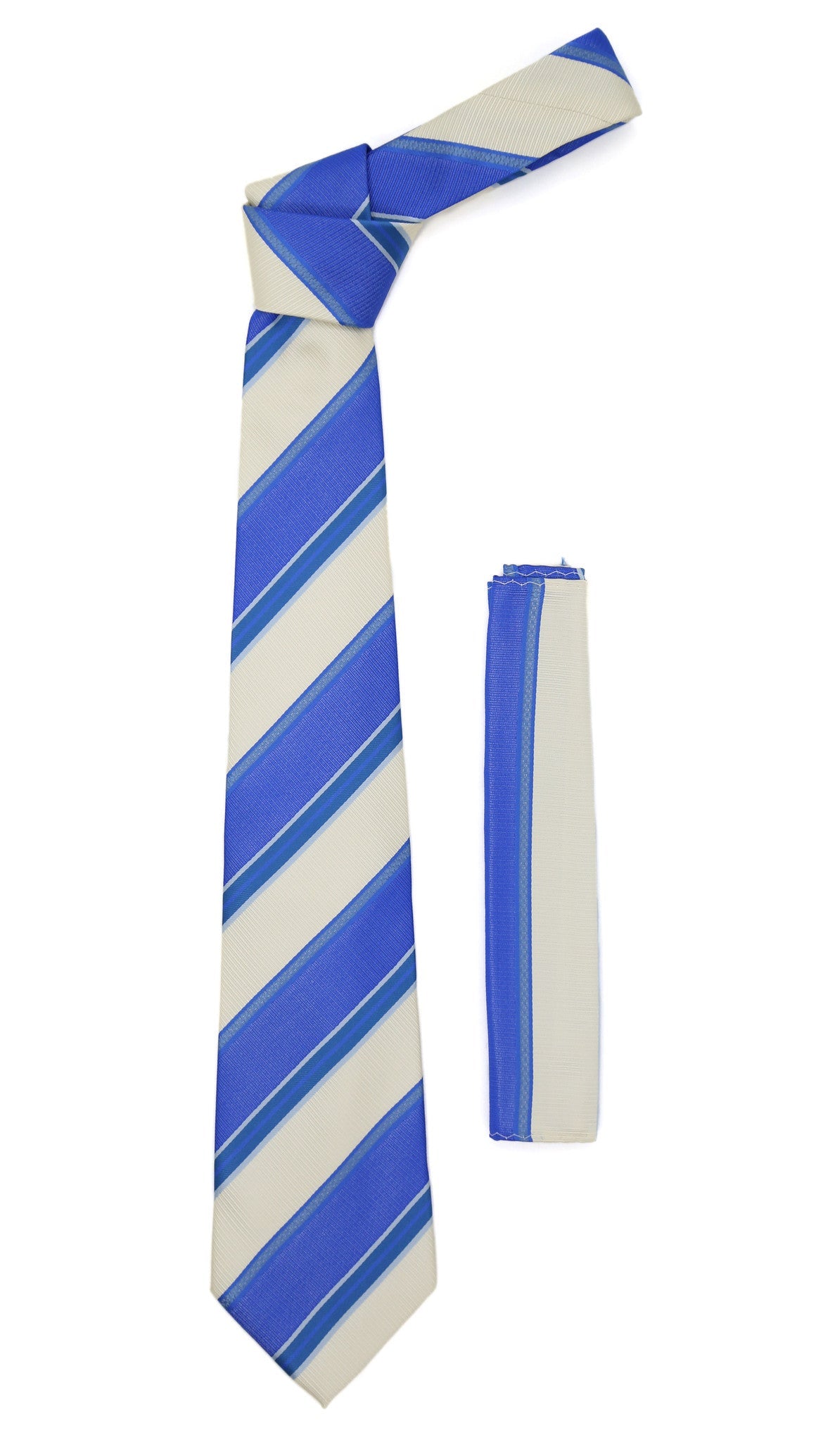 Microfiber Blue Beige Striped Tie and Hankie Set-0