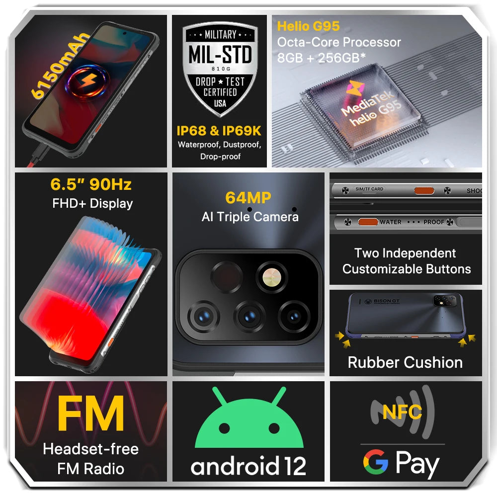UMIDIGI BISON GT2 PRO Android Rugged Smartphone Helio G95 6.5" FHD+ 90Hz NFC 64MP Camera 6150mAh Battery CellPhone IP68,IP69K