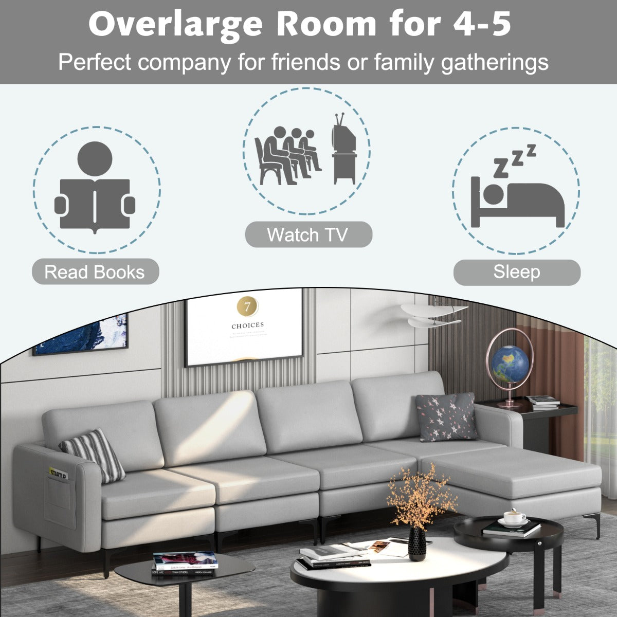 NNECW Sectional Sofa Couch with Reversible Ottoman for Living Room