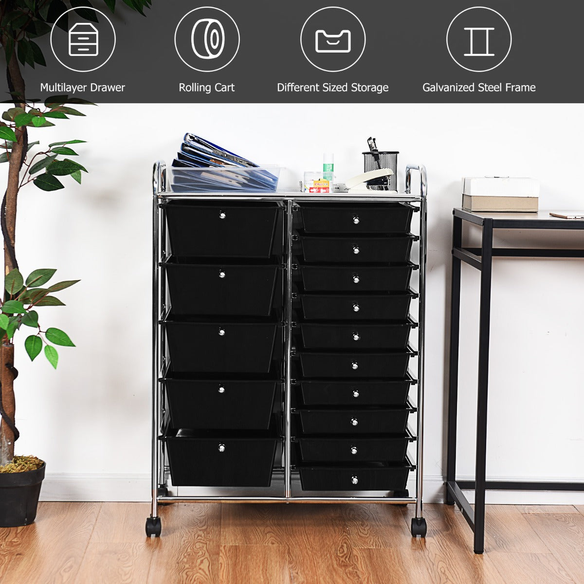 15 Drawer Rolling Storage Cart - Black