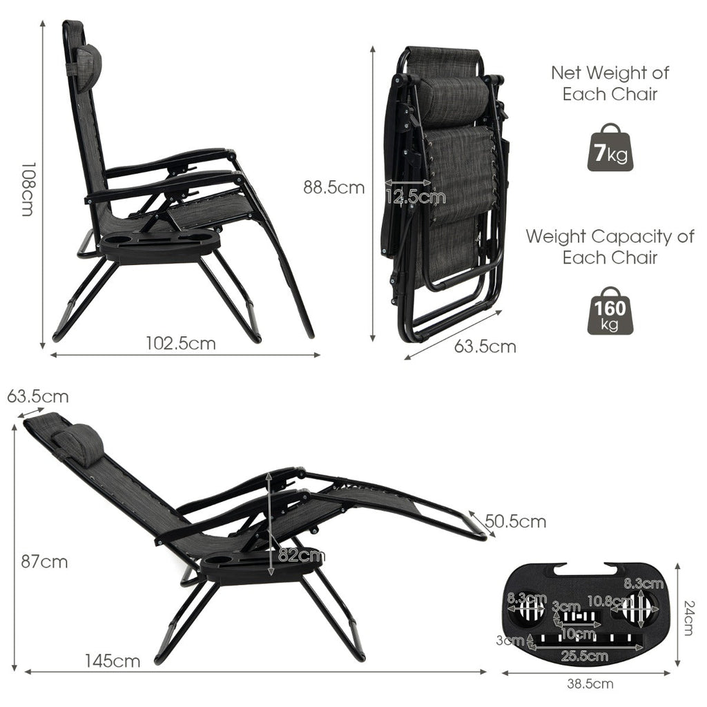 NNECW Patio Zero Gravity Lounge Chair with Cup Holder &amp Removable Pillow-Grey-2 pieces